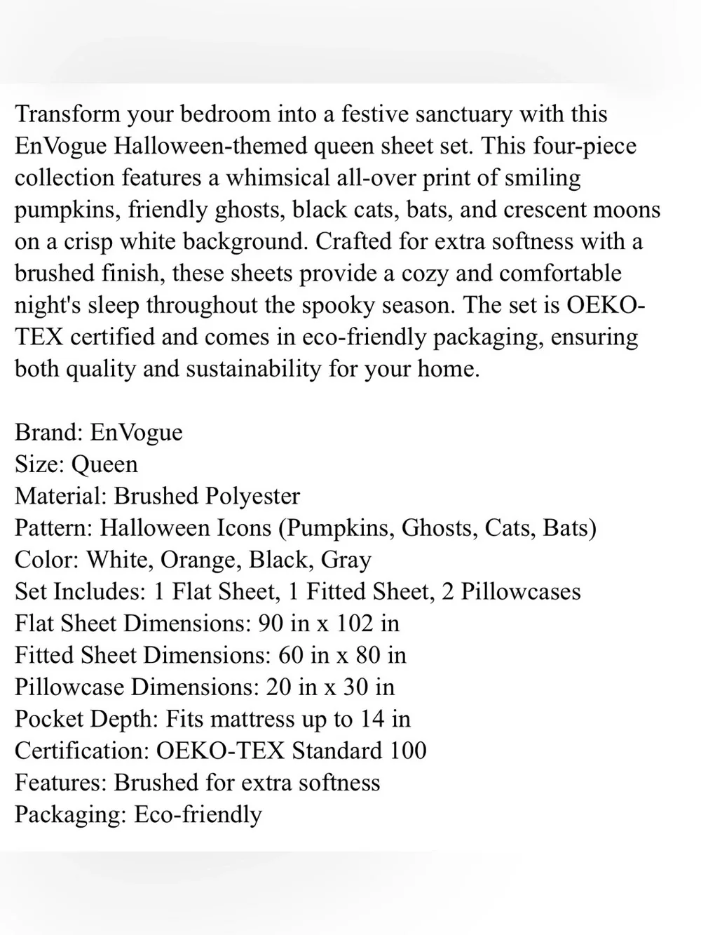 Envogue Queen 4-Piece Sheet Set NWT Halloween Summerween Soft